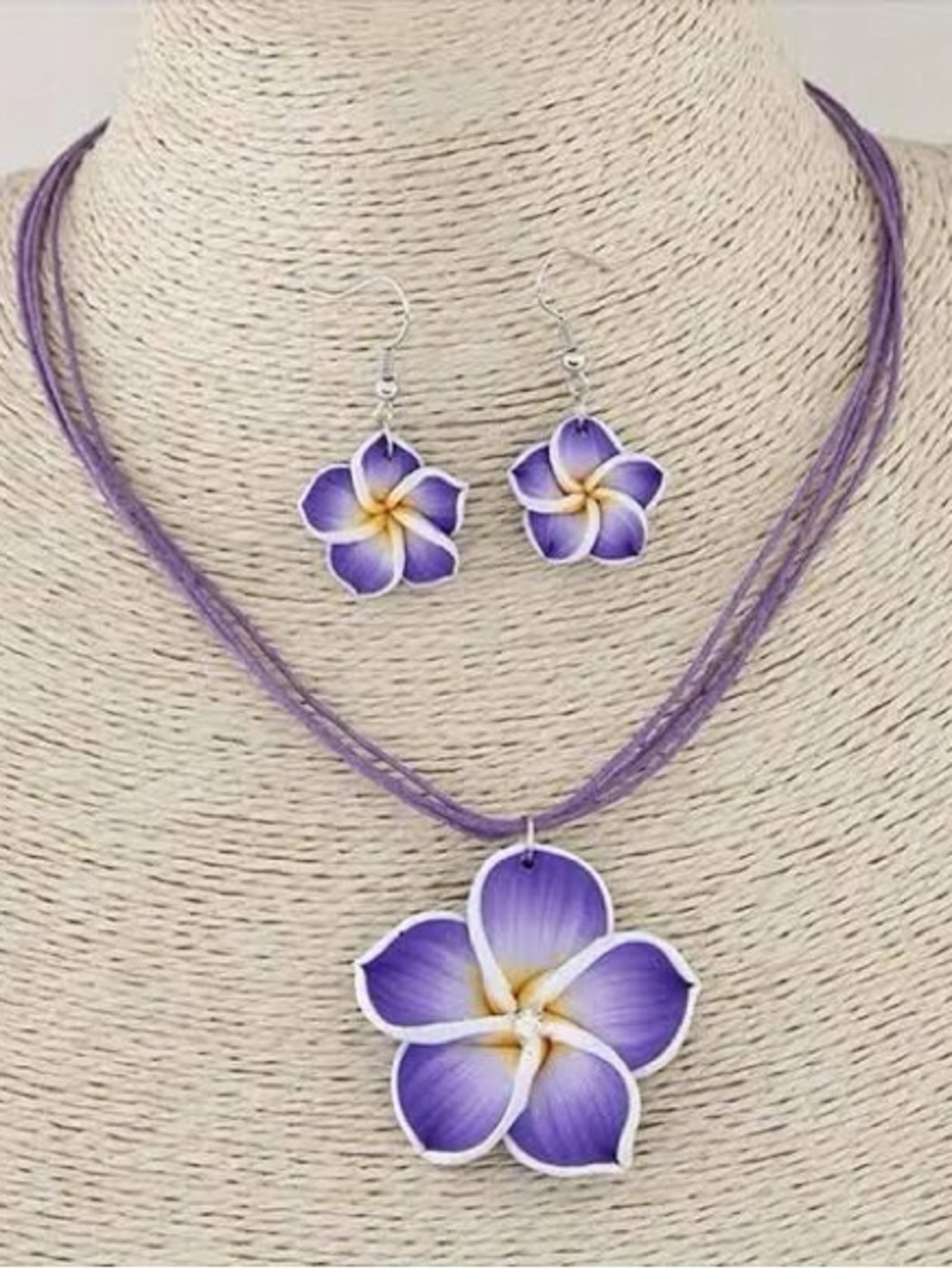 Purple Flower Pendant Necklace and Earring Set